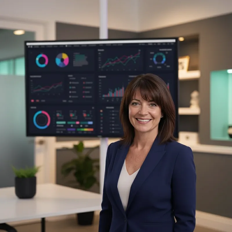 Christy Renner — digital marketing expert standing in front of analytics dashboards